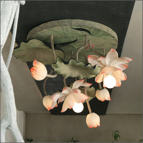 现代新中式客厅圆形吊灯简约荷花艺术灯中国风树脂莲花卧室吸顶灯 - 图0
