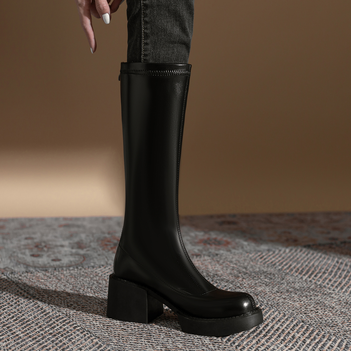 黑色高跟骑士靴女2023新款显瘦平口气质长筒靴高筒长靴小个子粗腿 - 图2