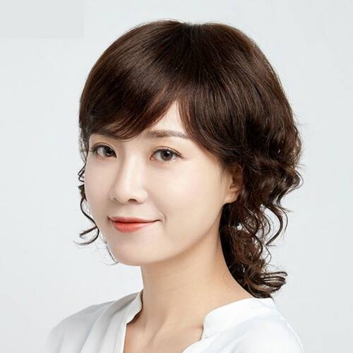 时尚女士假发长卷发斜刘海大波浪逼真圆脸中年妈妈中长发整顶发套 - 图0
