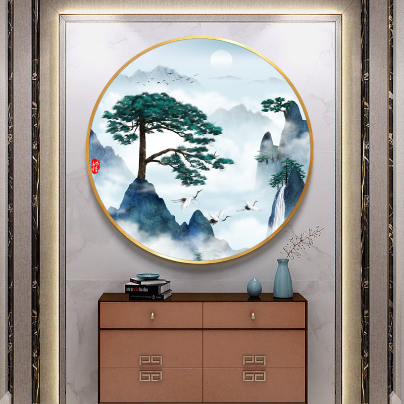 迎客松壁画新中式入户玄关装饰画圆形进门画客厅挂画松鹤延年画_虎窝淘