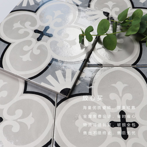 蓝色复古小花砖法式瓷砖厨房卫生间墙砖浴室阳台玄关院子防滑地砖 - 图2