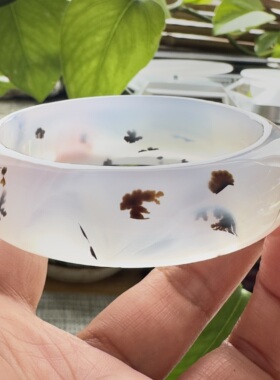 花语玉髓 天然海洋玉髓马料白底黑草花蝴蝶花玛瑙手镯56.5mm