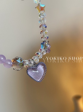 韩国东大门透明紫水晶果冻色爱心吊坠双面带弹力手链闺蜜礼物
