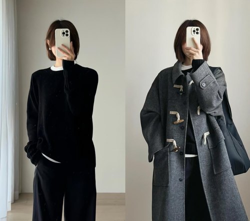 hisongsong无缝一体圆领V领毛衣针织衫紫色黑色宽松版型 - 图0