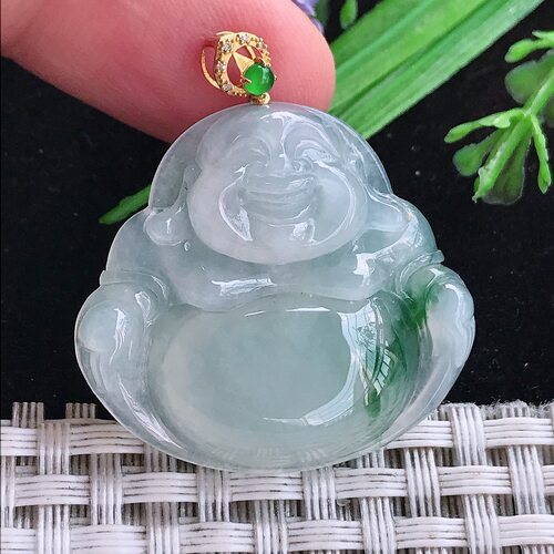 实拍A货翡翠29.2/31.8/6老坑18k金镶嵌冰飘花佛公吊坠翡翠玉坠 - 图0