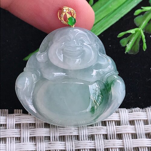 实拍A货翡翠29.2/31.8/6老坑18k金镶嵌冰飘花佛公吊坠翡翠玉坠 - 图1