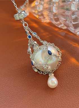 法式轻奢高级感小众网兜珍珠项链女百搭气质蓝色镶钻可调锁骨链潮