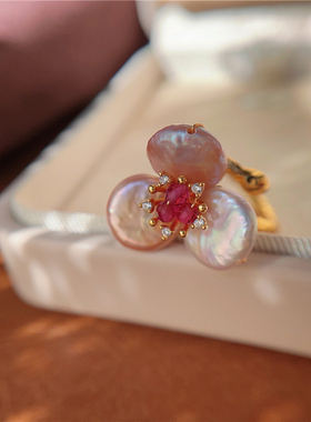 法式复古高级感轻奢小众天然巴洛克珍珠花瓣戒指百搭通勤开口指环