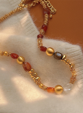 天然虎眼石复古美拉德风彩色石头精致小众设计感毛衣链国风项链女