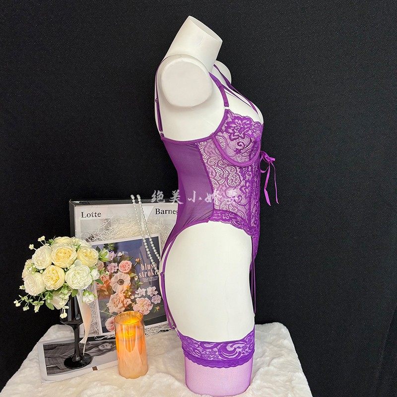 绝美小娇妻:夜色娇喘*蕾丝性感内衣睡衣连体衣绑带紫色 - 图0
