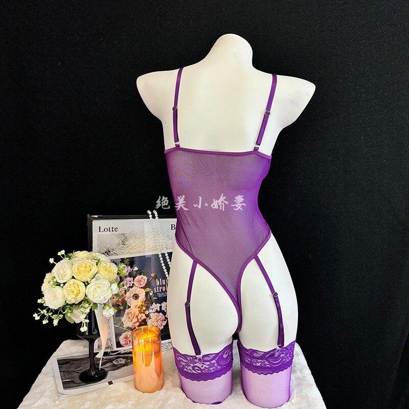 绝美小娇妻:夜色娇喘*蕾丝性感内衣睡衣连体衣绑带紫色 - 图1