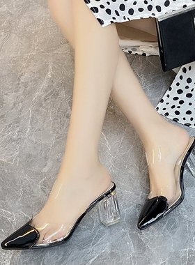韩版透明水晶高跟鞋女粗跟