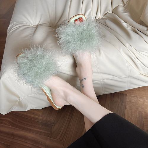 2025毛毛拖鞋女夏季新款外穿网红兔毛温柔风鞋闺蜜社会半托凉鞋潮 - 图0