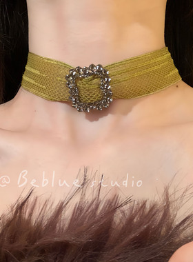 碧潭凝光~复古千金闪钻蕾丝choker颈链秋冬绿色颈带项链女配饰