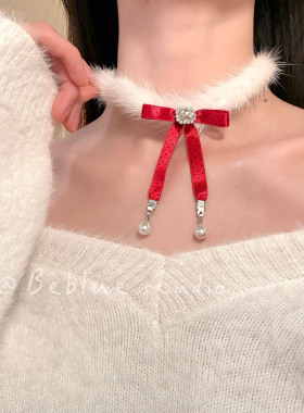 冬日美纪~秋冬毛绒红色波点蝴蝶结choker项链女颈带项圈脖子配饰