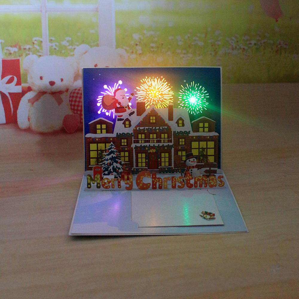圣诞节欧美新年节日房子模型老人灯光音乐歌曲磁控3D立体贺卡纸雕