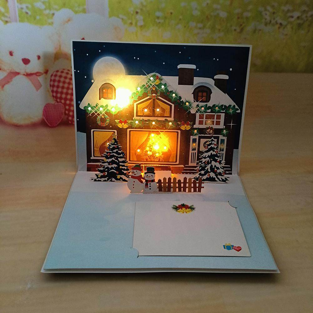 圣诞节欧美新年节日房子模型老人灯光音乐歌曲磁控3D立体贺卡纸雕