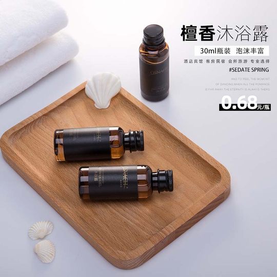 Disposable shampoo and shower gel in small bottles and large barrels