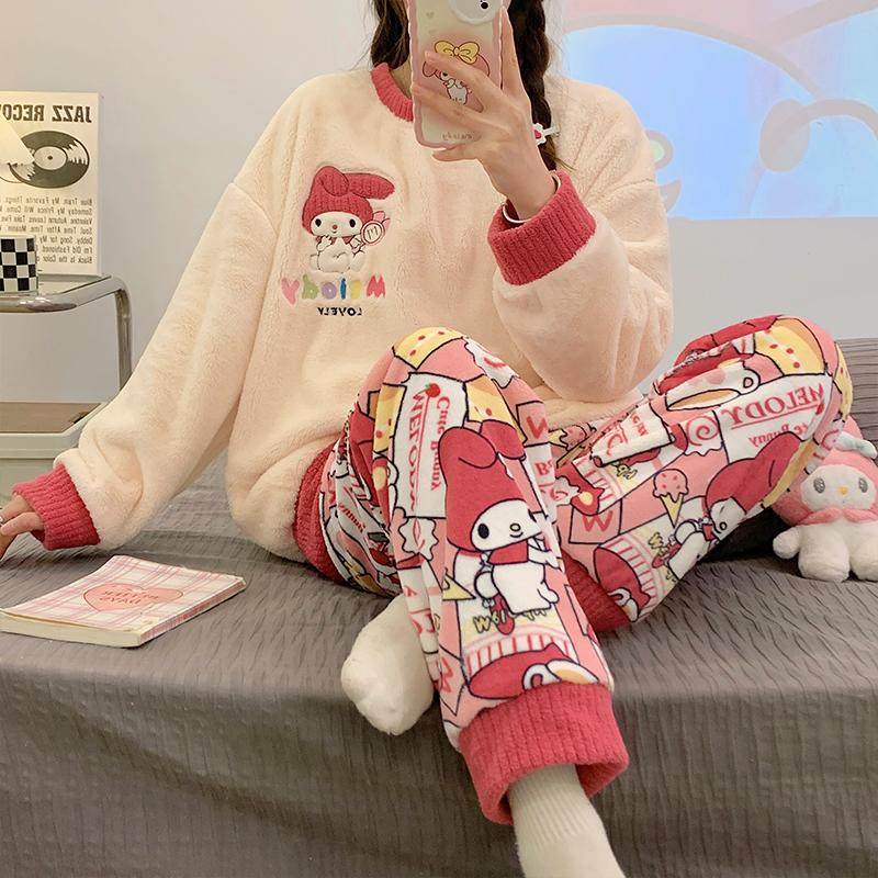 网红风卡通睡衣女秋冬季法兰绒2024新款加厚珊瑚绒学生家居服套装,淘宝优惠券,粉丝福利购,淘宝优惠卷