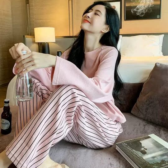 韩版睡衣女带胸垫春秋季可爱学生长袖长裤休闲免穿内衣家居服套装