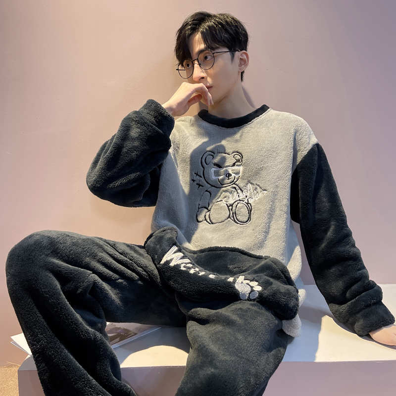 法兰绒睡衣男士冬季新款加绒加厚卡通青年男款珊瑚绒可外穿家居服 - 图0