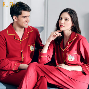 蕊诗 秋冬季新品情侣睡衣长袖纯棉男女士休闲开衫家居服套装春秋