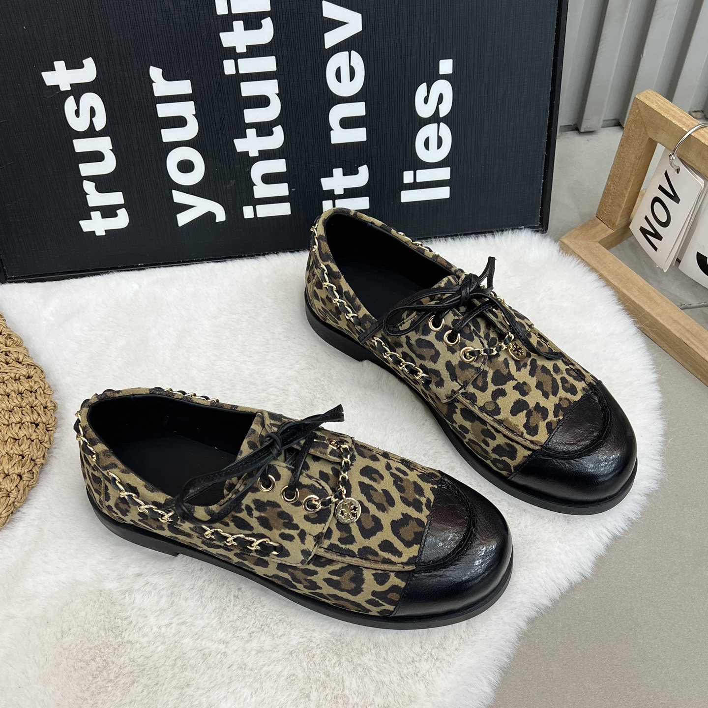 巨好看小香风乐福鞋女磨砂皮豹纹平底鞋韩版拼色系带休闲百搭单鞋,淘宝优惠券,粉丝福利购,淘宝优惠卷