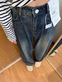 Cement Grey Retro Wide Leg Jeans ສໍາລັບແມ່ຍິງພາກຮຽນ spring ແລະດູໃບໄມ້ລົ່ນປີ 2024 ແບບອາເມລິກາໃຫມ່ ແອວສູງ Loose ກາງເກງ Straight Pants