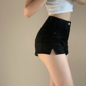 Tight elastic high waist denim shorts for women summer plus size slim bottoming slit sexy hot girl a line hot pants