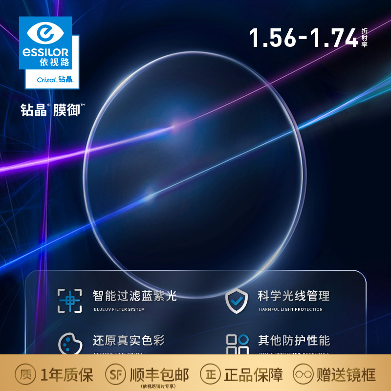 依视路防蓝光镜片近视眼镜非球面2片睛智轻蓝赠镜框依视路镜片