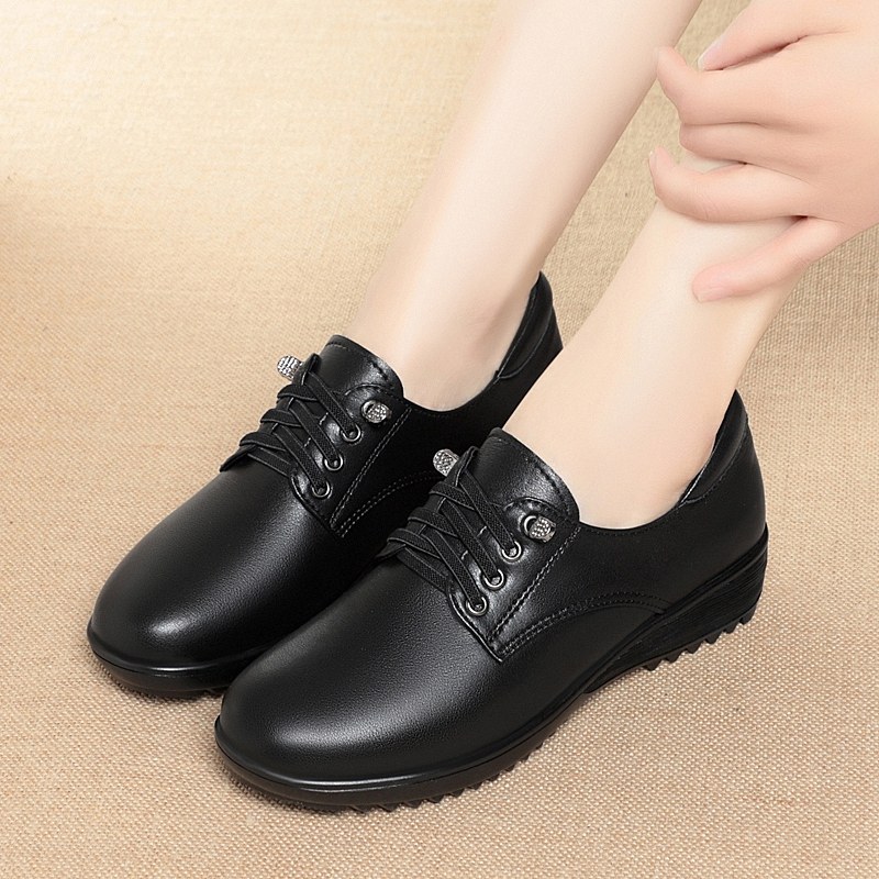 春秋单鞋女坡跟平底系带皮鞋休闲防滑软底中老年妈妈鞋上班工作鞋,淘宝优惠券,粉丝福利购,淘宝优惠卷