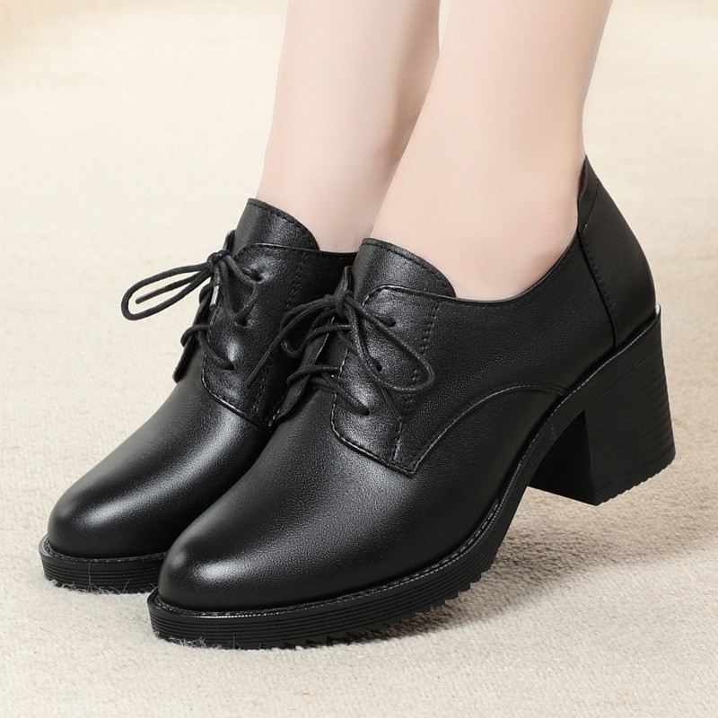 休闲系带小皮鞋女粗跟中跟真皮牛皮软底圆头单鞋春秋妈妈鞋工作鞋,淘宝优惠券,粉丝福利购,淘宝优惠卷