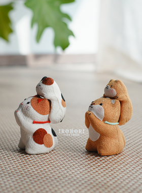 日本进口龙虎作绢布亲子柴犬招财猫家居装饰创意车载摆件礼物