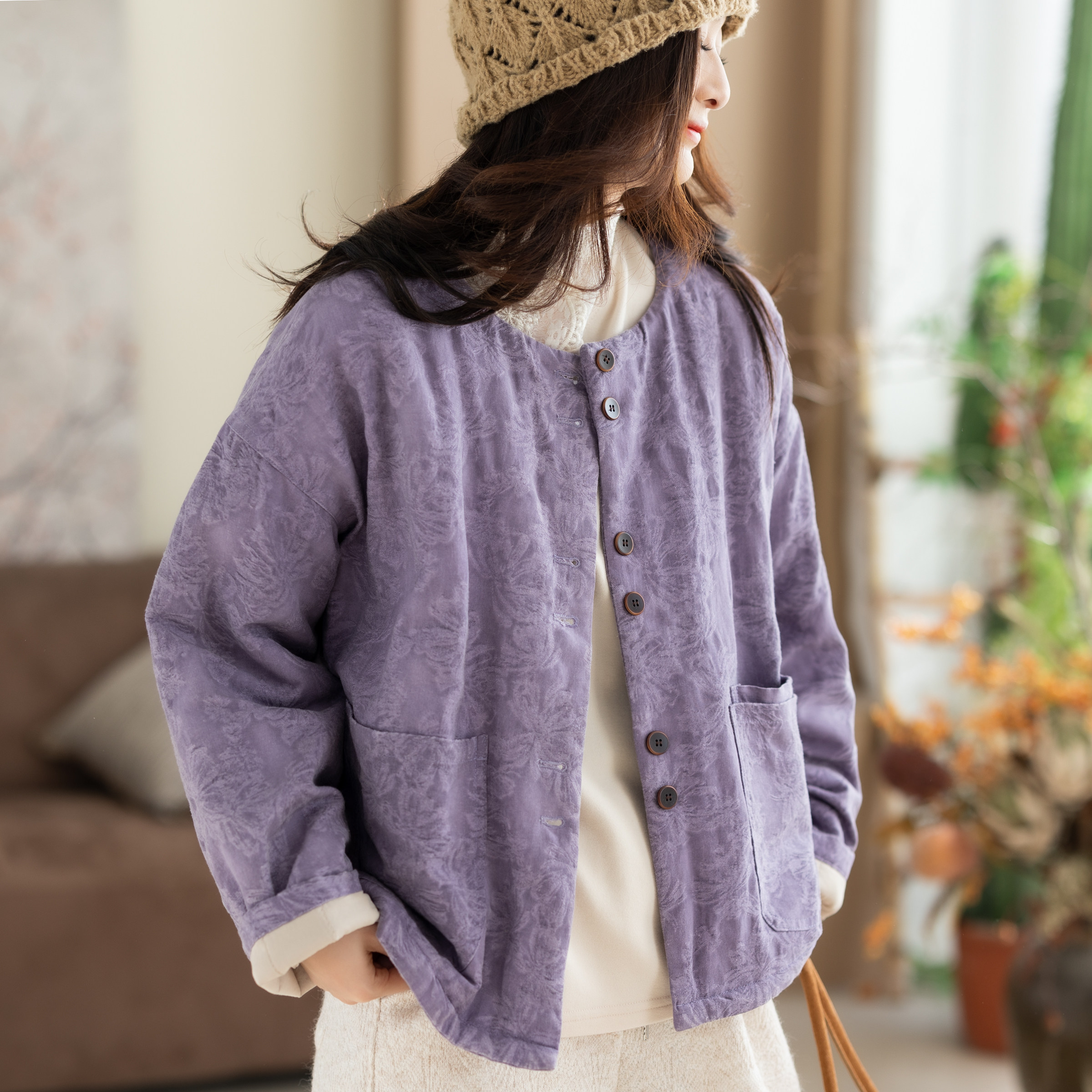 咖咪羽亚麻棉服女秋冬新款文艺休闲纯色宽松流行百搭复古女装外套,淘宝优惠券,粉丝福利购,淘宝优惠卷