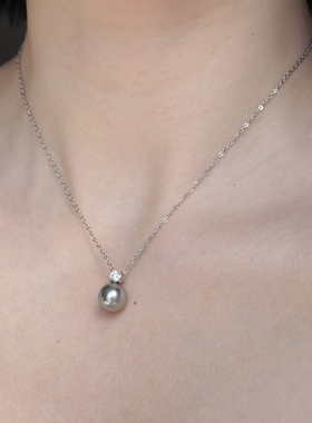 戴妃同款单颗灰色珍珠吊坠项链女