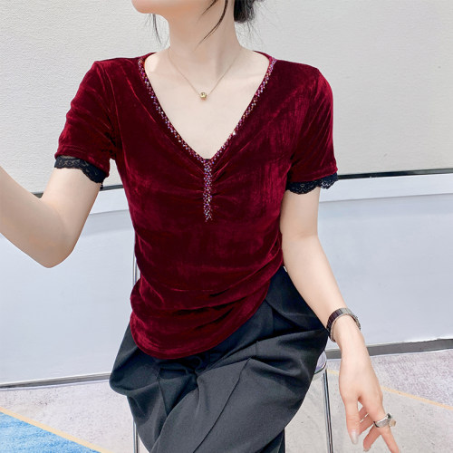 性感V领短袖T恤女2025夏季新款设计感钉珠上衣气质蕾丝拼接小衫潮 - 图0