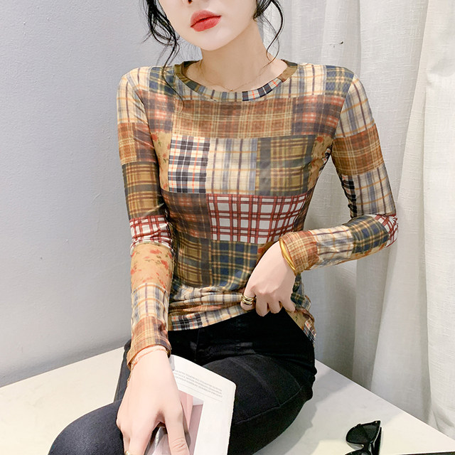 ເສື້ອຍືດ Retro plaid ພິມສໍາລັບແມ່ຍິງໃນດູໃບໄມ້ລົ່ນແລະລະດູຫນາວຄົນອັບເດດ: ຄໍໃຫມ່ໄດ້ຕະຫຼອດ, ເສື້ອທີເຊີດແຂນຍາວທີ່ມີຕາຫນ່າງບາງໆ
