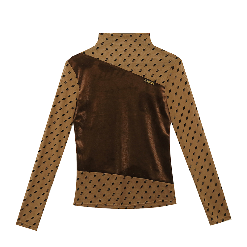 网纱拼接金丝绒上衣女秋冬新款欧货高级感修身别致漂亮T恤打底衫 - 图3