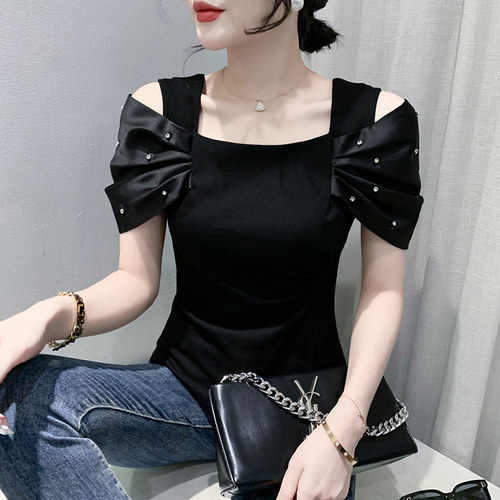 欧货一字领短袖上衣女士夏装设计感不规则开叉T恤心机露肩小衫潮 - 图0