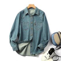 (Spring Dress New) washed denim shirt woman long sleeve 100 hitch loose and lean casual stack wearing bottom shirt retro