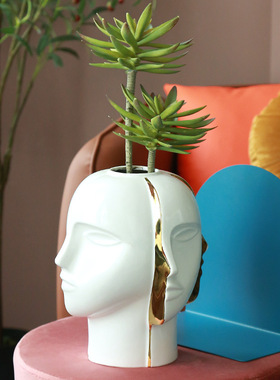 电镀金多面人脸客厅茶几花瓶摆件