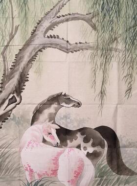 苏永刚纯手绘花鸟双马图横幅