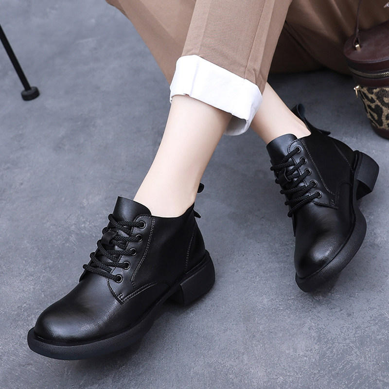 复古真皮深口单鞋女系带圆头低跟软底防滑妈妈鞋平底马丁靴短靴,淘宝优惠券,粉丝福利购,淘宝优惠卷