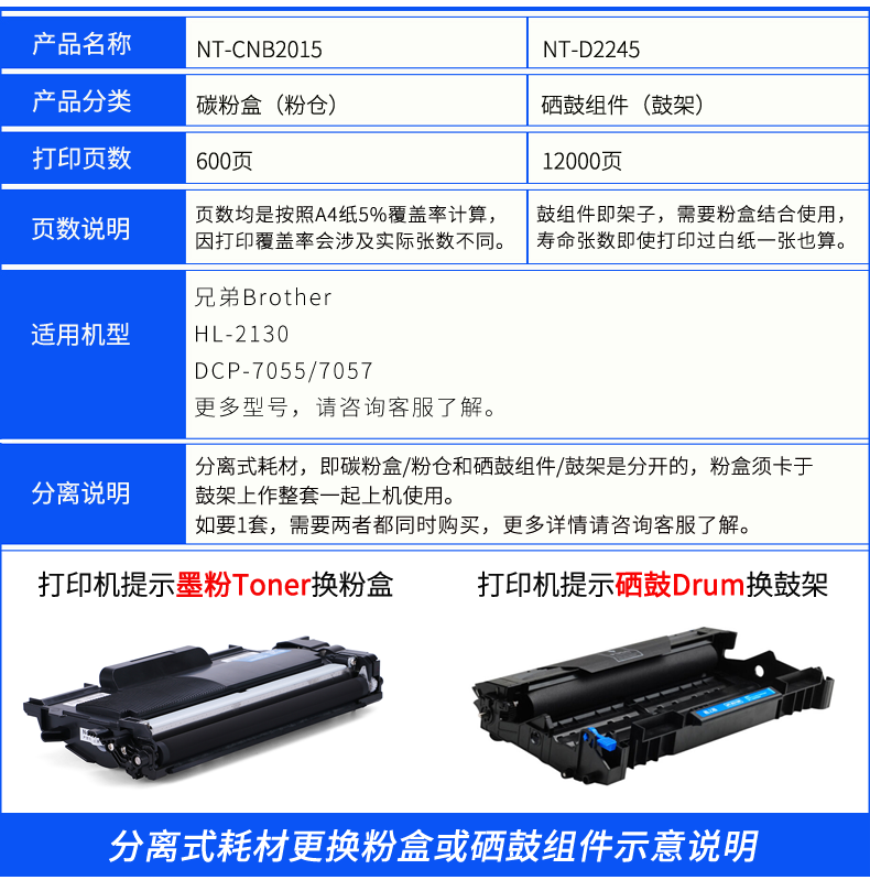 格之格NT-CB2015粉盒 适用兄弟DCP-7055激光打印碳粉盒 HL-2130打印机墨粉盒 brother tn-2015碳粉盒墨盒 - 图1