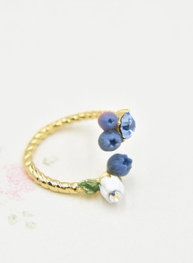 法国手工珐琅 四季浆果 绿叶 蓝莓戒指 开口可调节