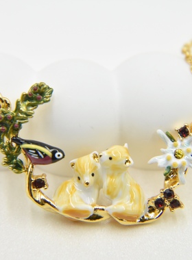 法国手工珐琅 爱护小动物 雪绒花 北极狐与山雀 项链