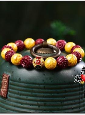 天然原矿高含量紫金砂玫瑰花配雄黄砂手链朱砂手链纳福手串女同款