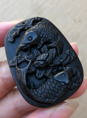 连年有余锦鲤挂件黑曜石双鱼团座男女龙鲤双鱼莲花吊坠补水证书