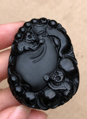 黑曜石丰粮足布袋猴吊坠丰衣足食福禄双全项链挂件送人随身礼物