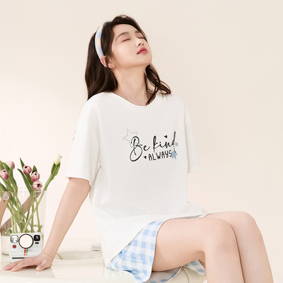 芬腾可安女纯棉短袖睡衣夏季可外穿宽松家居服套装短裤女士休闲